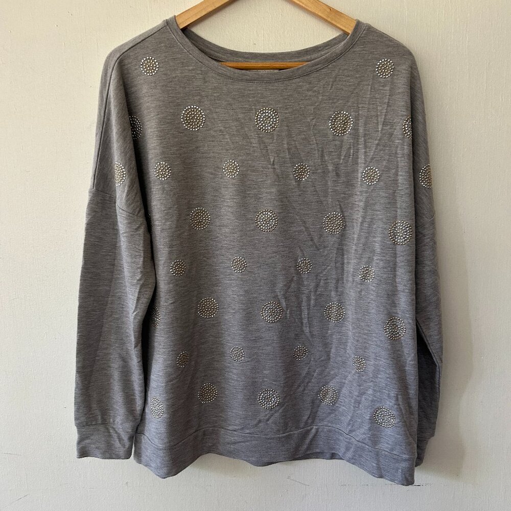 Christopher & Banks Pullover Shirt Womens Large Gray Rhinestones Boatneck Top